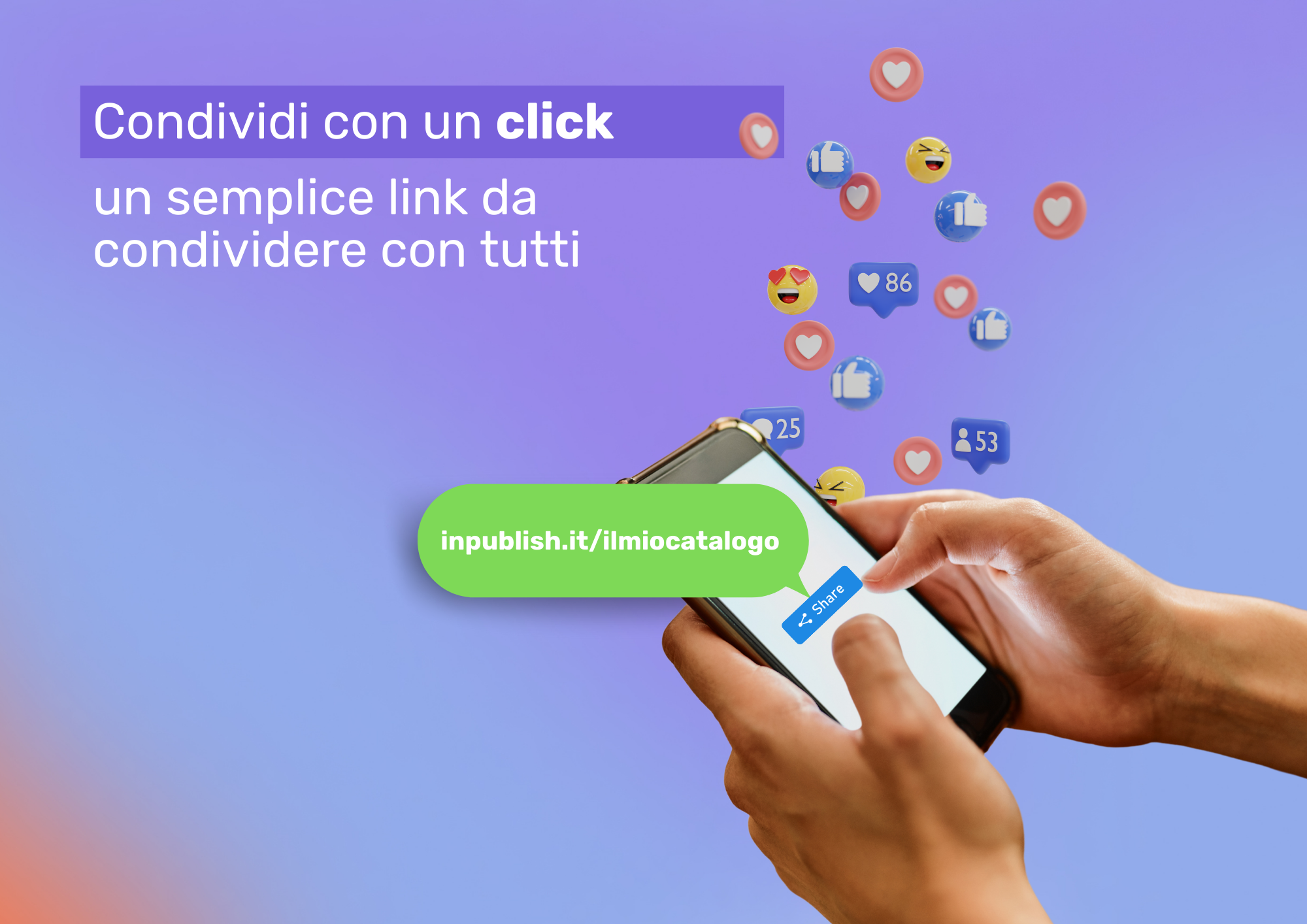 inPublish Software - Condividi con tutti all'istante. La tua pubblicazione, una volta pubblicata, potrà essere condivisa su tutte le piattaforme social e di messaggistica che desideri o essere inserita all'interno del tuo sito web grazie al codice iFrame.