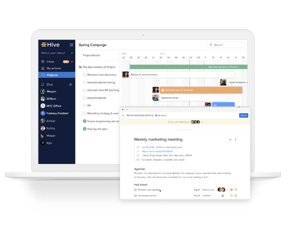 Manage calls and get work done in meetings with Hive Notes. Collaborate on Notes in real-time, assign follow-ups, and link recurring meetings.