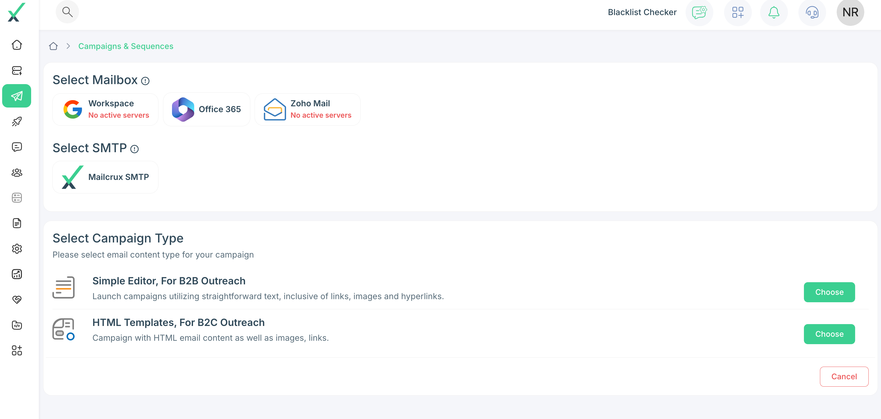 Sendcrux Software - Select Campaign Type