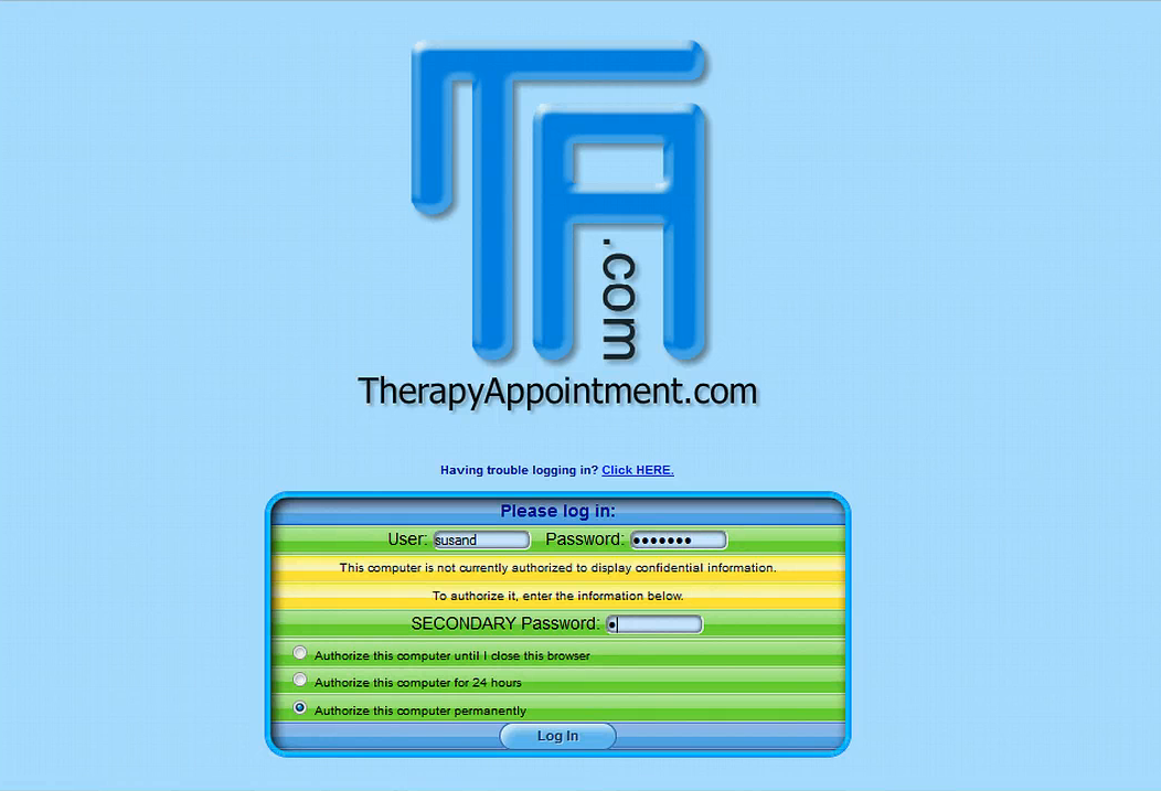 TherapyAppointment Software - Login page