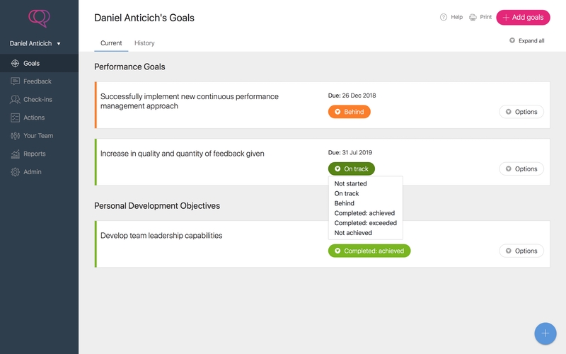 Clear Review agile goals screenshot