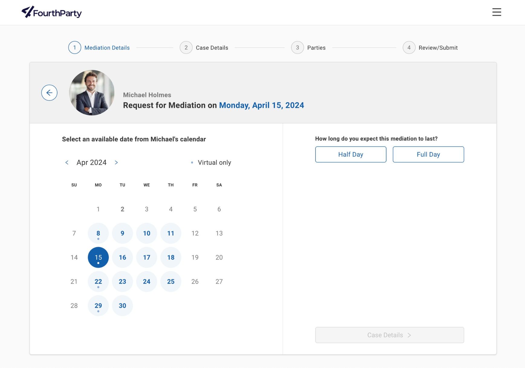 FourthParty screenshot: The booking profile showcases key mediator details, including experience, price, and availability. It allows clients to quickly compare and select the best mediator for their needs, enhancing transparency and simplifying the booking.