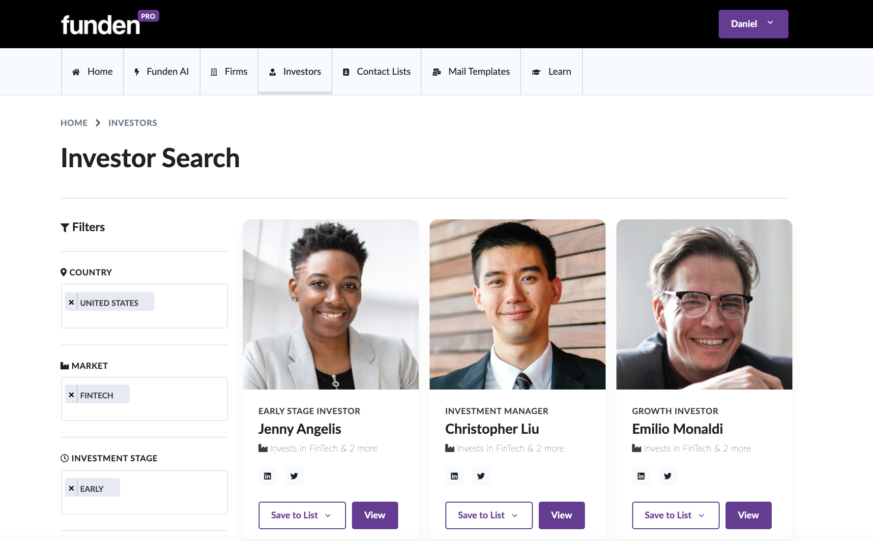 Startup VC Investor Search on Funden