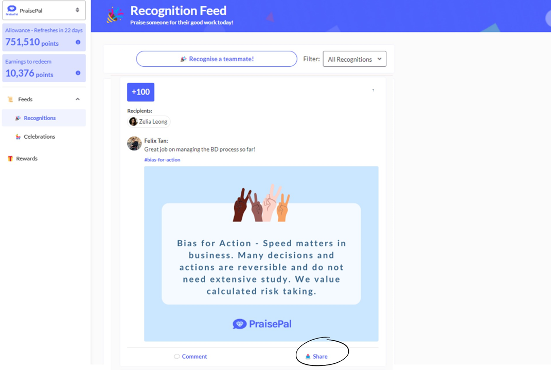 PraisePal screenshot: PraisePal recognition feed
