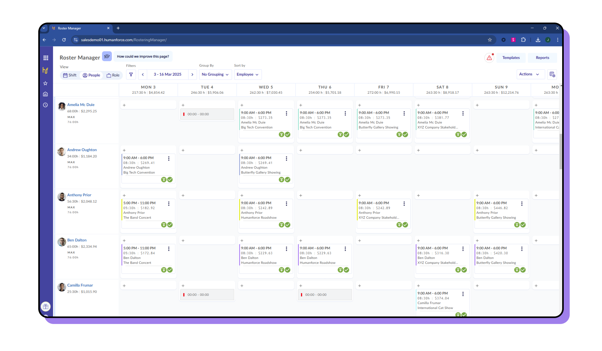Humanforce screenshot: Roster Manager interface showing employee shifts, hours, and earnings. Weekly view lists staff names, total hours worked, and scheduled shift times without event details.