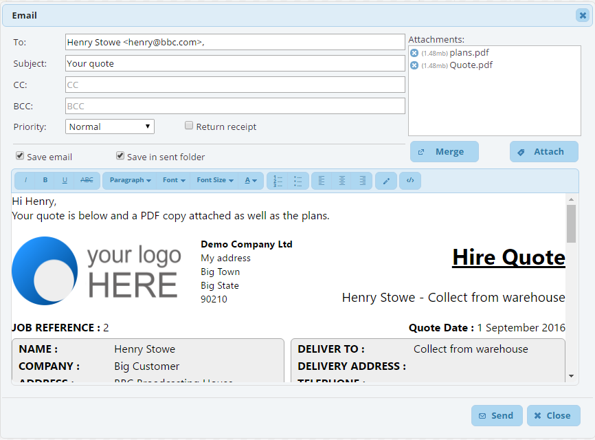 HireHop Software - Emails can be sent directly from within HireHop