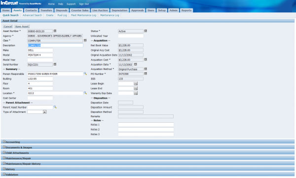 AssetWorks EAM Software - The asset detail page lets users view asset number codes, descriptions, summaries, and more.