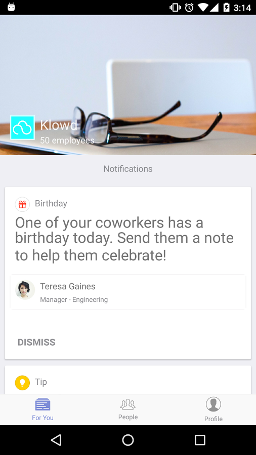 Structural Software - Example of a coworker birthday reminder within the notifications stream of the For You tab within the Android app