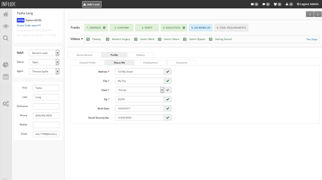 Lead profiles are created for each contact with information from multiple sources including forms, emails, phone calls, Facebook, integrations, and more