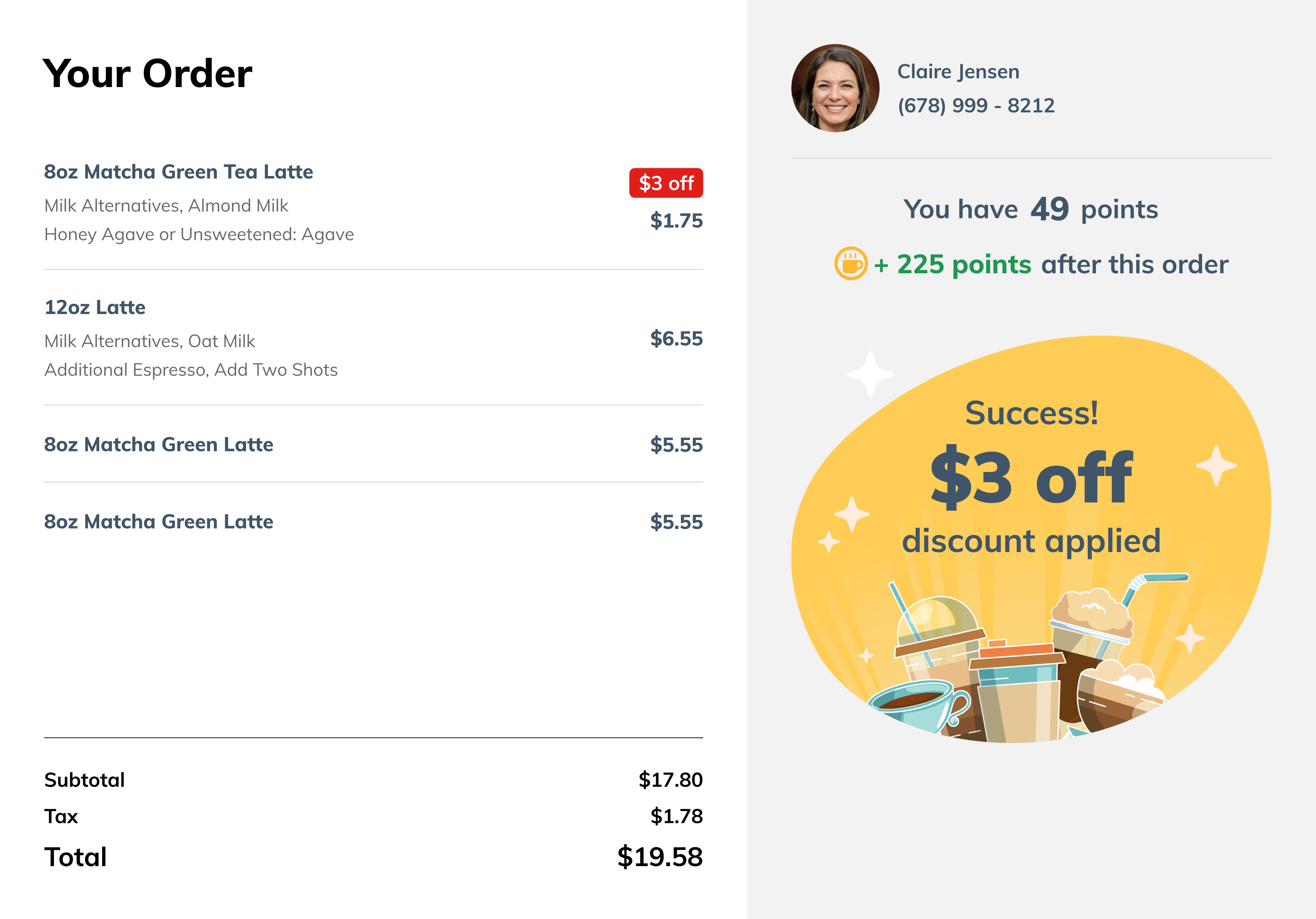 joe Point of Sale loyalty screen with ticket details, customer profile, reward points earned from order, and discount applied.