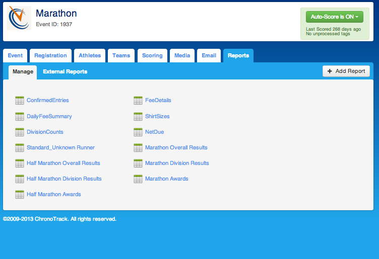 ChronoTrack Software - ChronoTrack showing manage reports tab