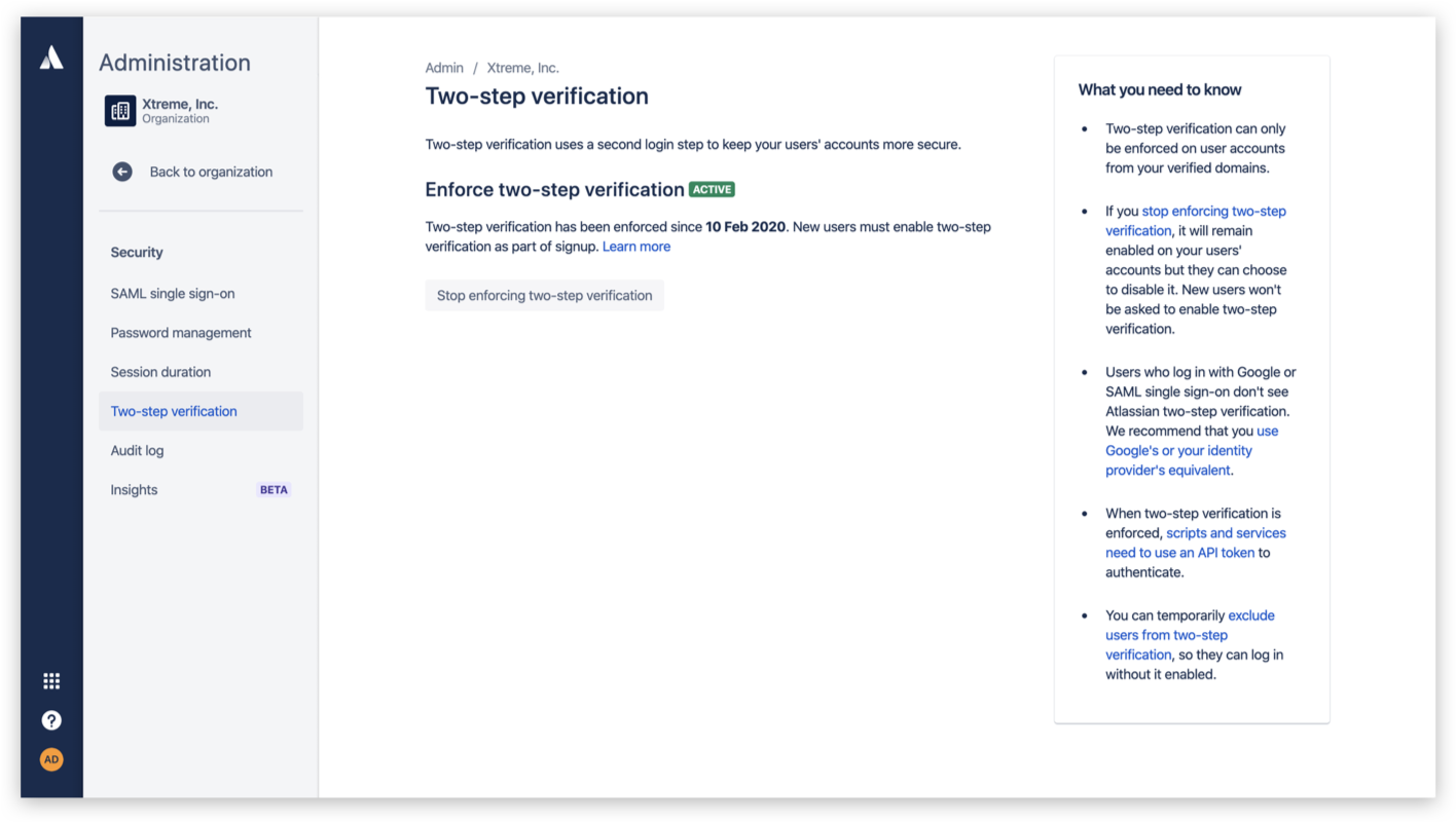 Atlassian Access two-factor verification enforcement