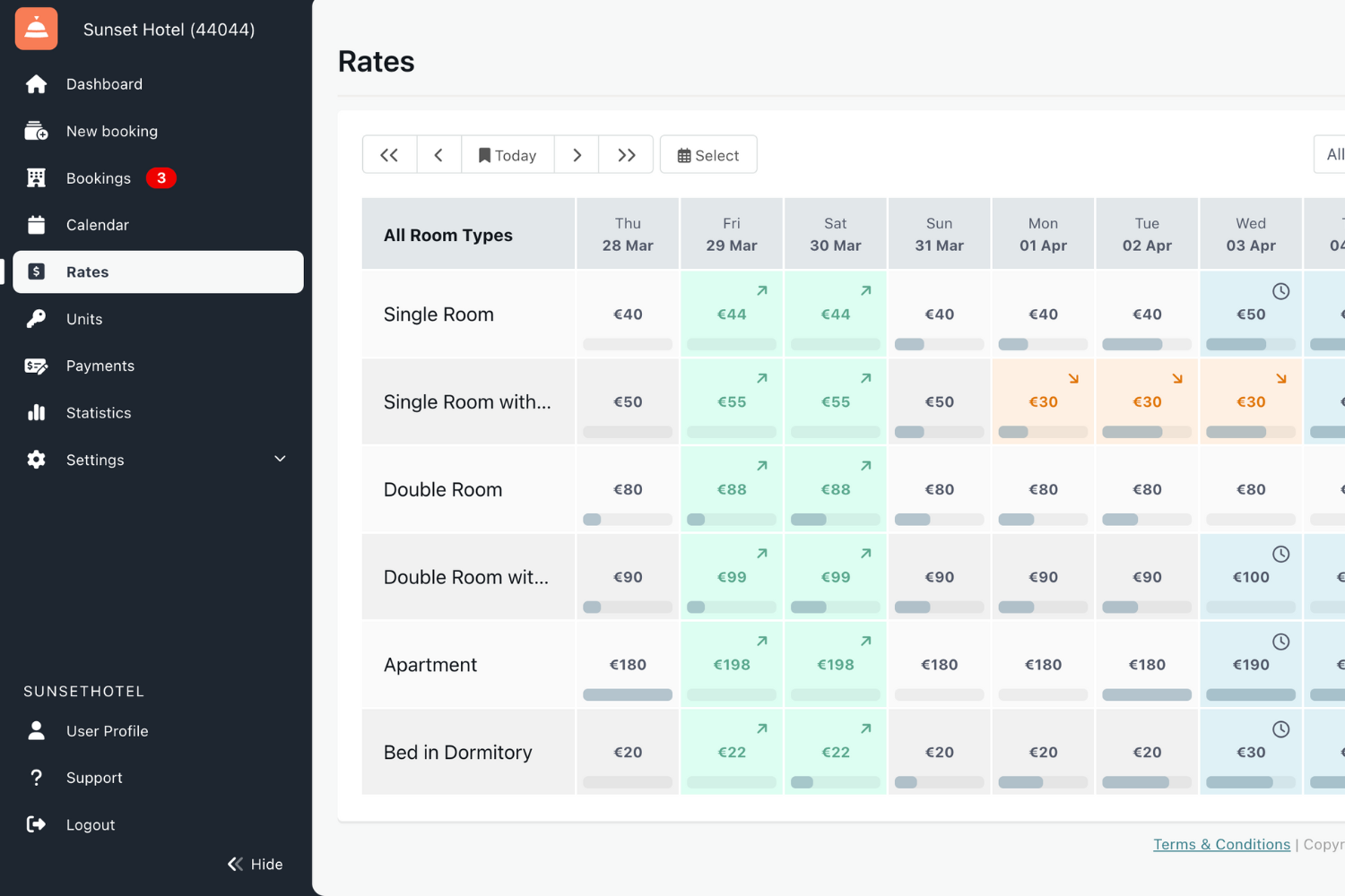 Easily adjust rates for specific dates and room types using the Rates Manager. Skip the hassle of seasonal changes by applying spot prices or percentage adjustments instantly!