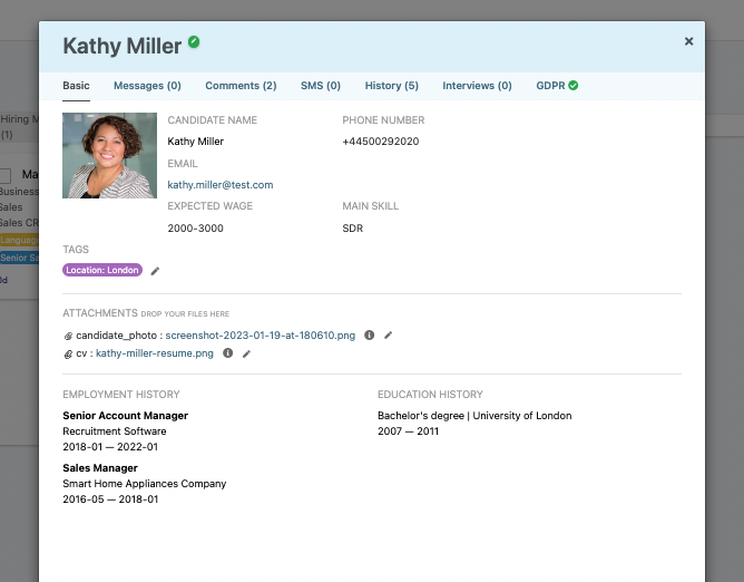 Candidate profile. Get a 360 overview of your candidate + use tags to higlight most important information. Tag managers in comments and get instant feedback.