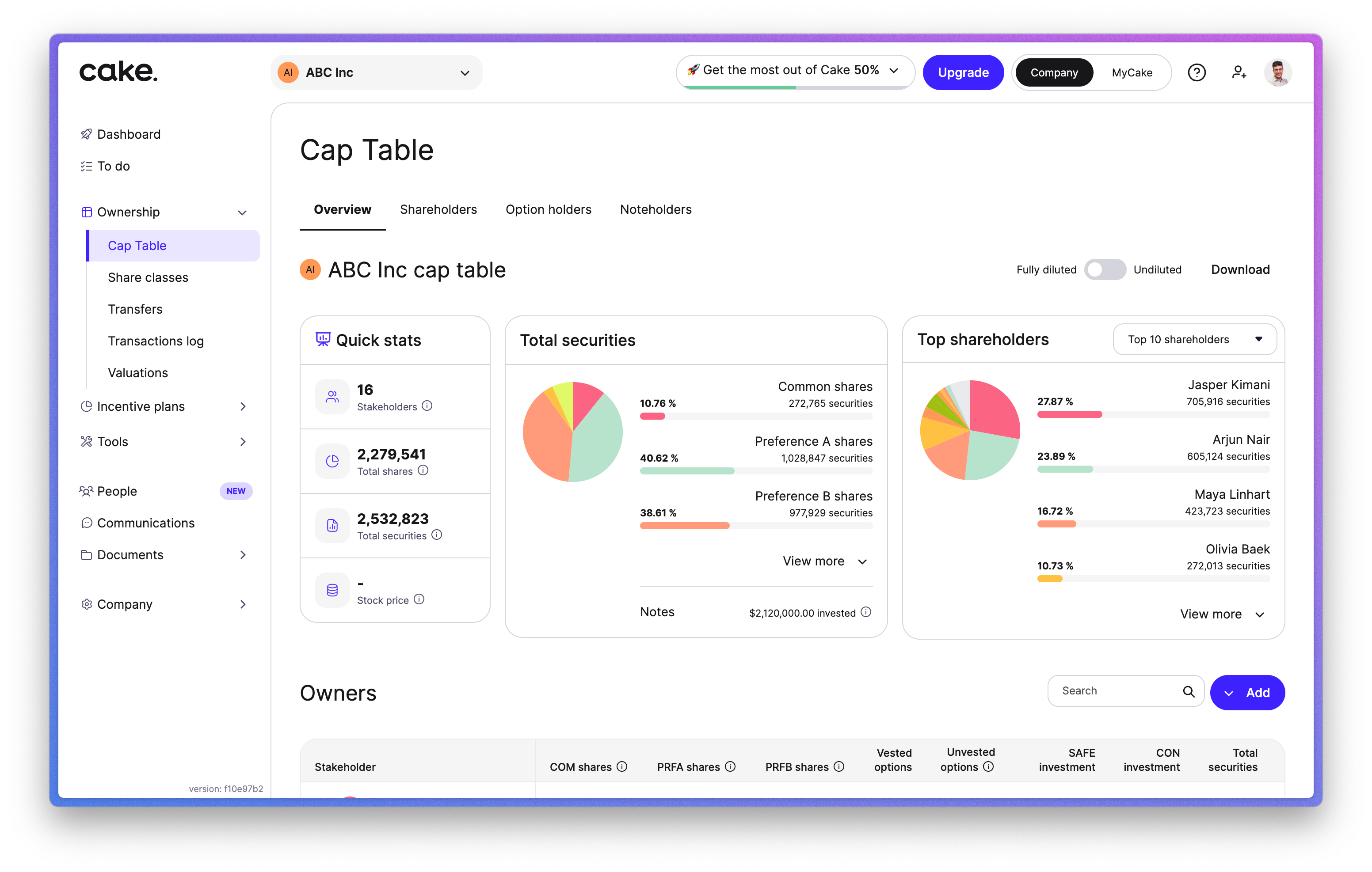 Cake screenshot: Manage your startup's equity and cap table with Cake Equity.
