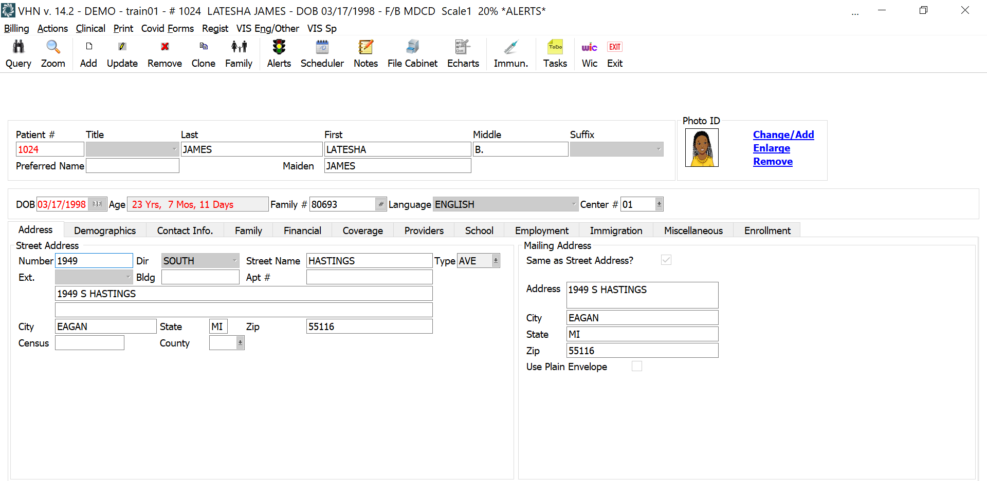 VHN screenshot: VHN Patient Registration provides robust yet flexible Patient searching using a variety and combination of criteria, taking into account Patient History. Subsequently, VHN supports extensive Patient data capture.