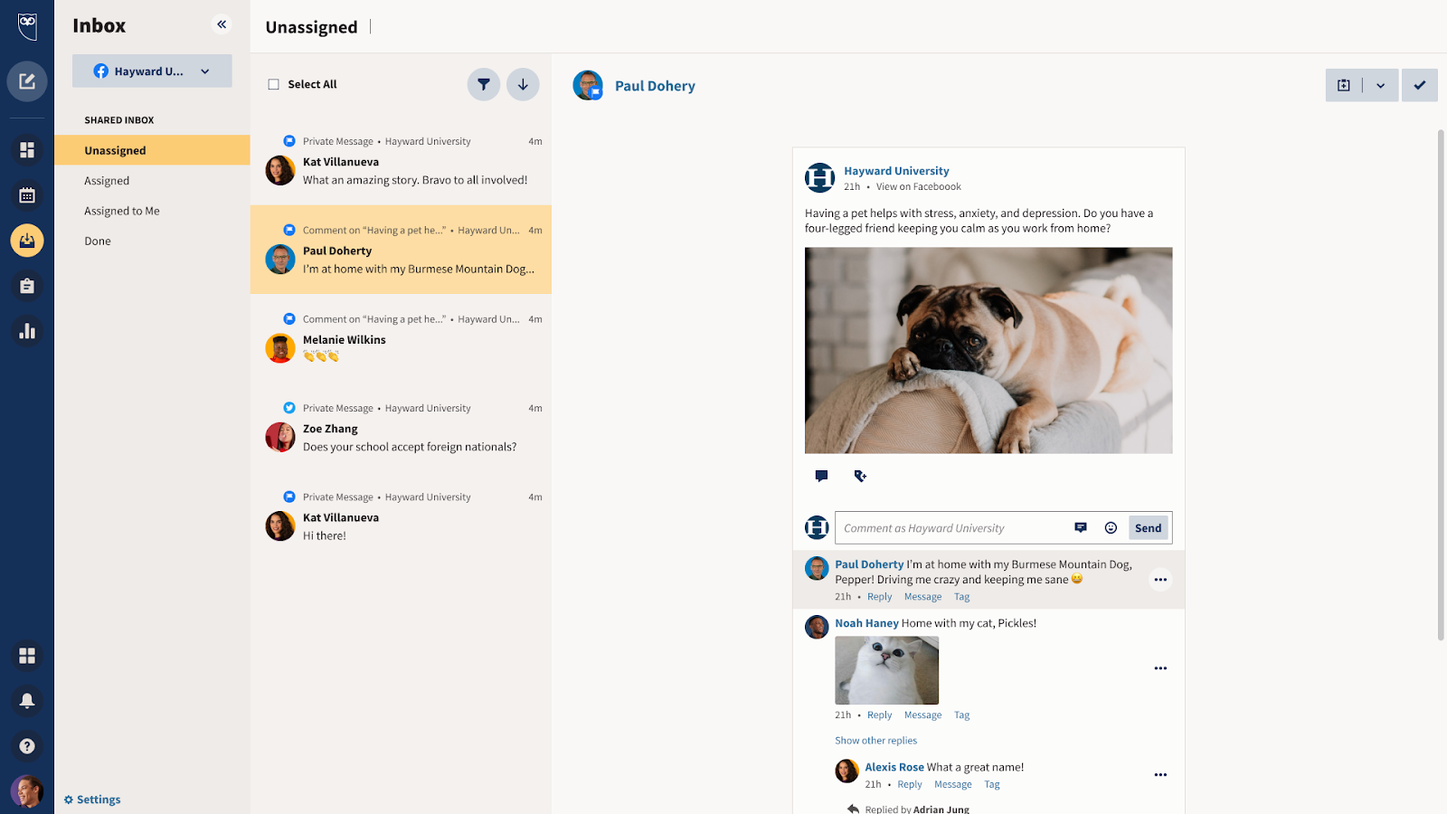 Hootsuite Software - Customer Engagement: Never miss a message and respond to customer inquiries faster with a consolidated stream of messages across networks that can be triaged and assigned. Provides optional chatbot handover for automated responses.