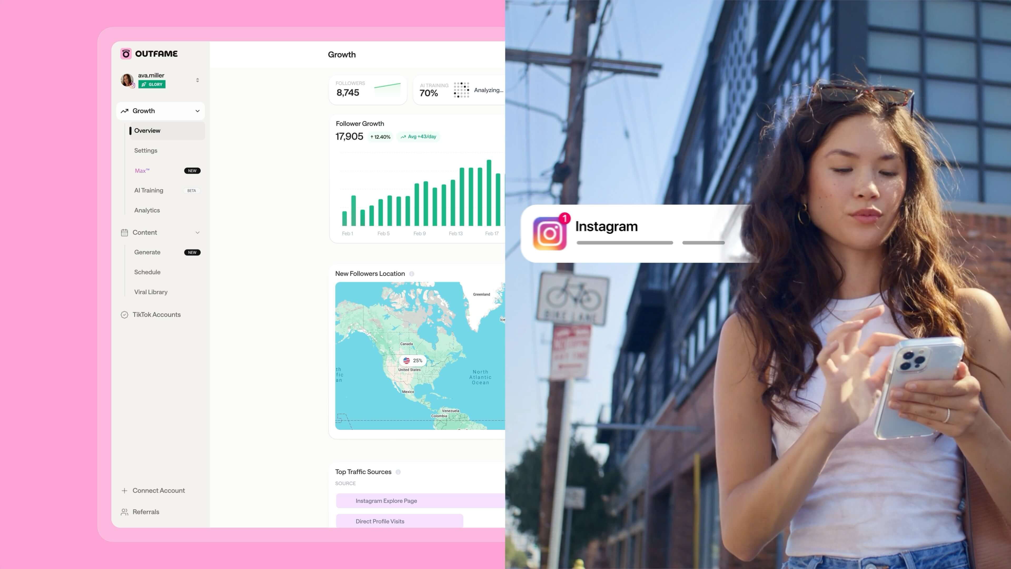 Outfame screenshot: Outfame AI Instagram growth service homepage showing how 65,000 creators grow real followers organically without posting content