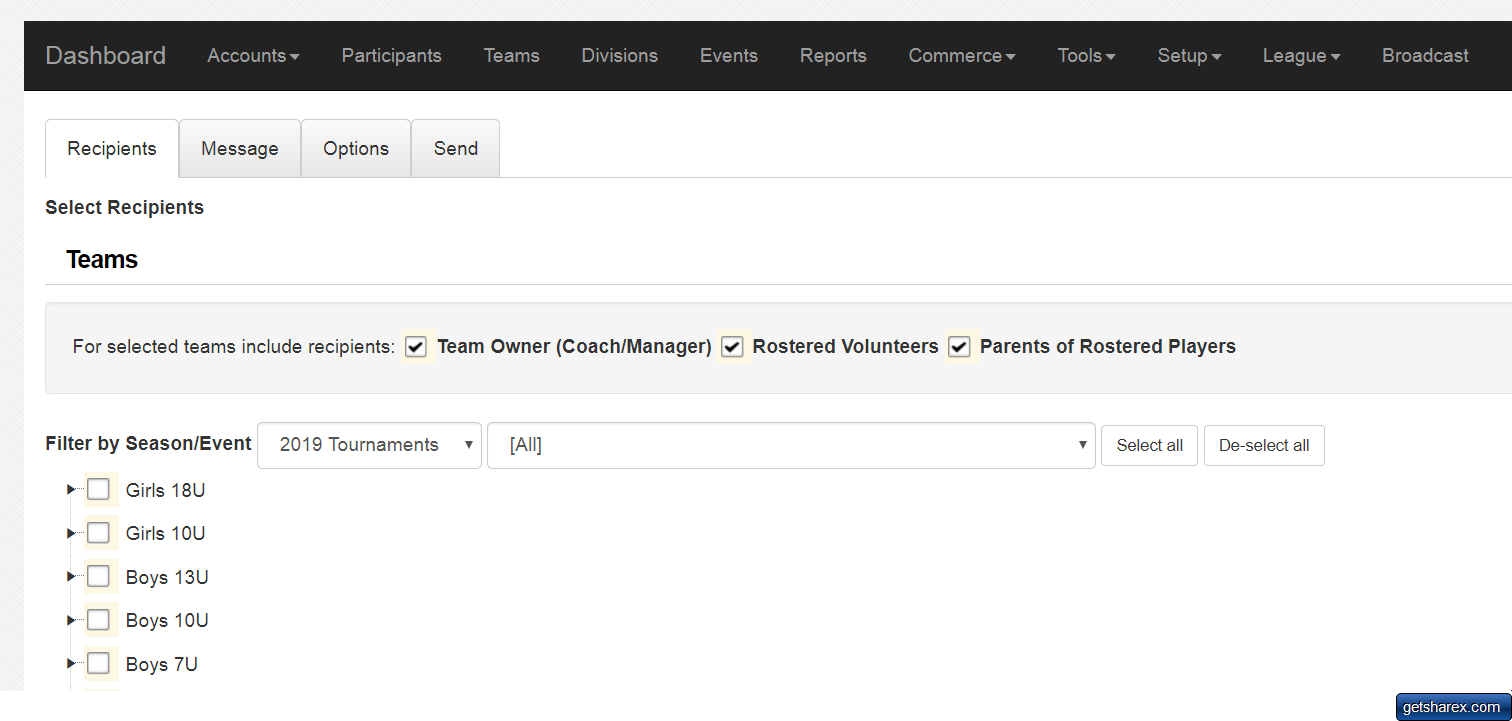 Engage Sports screenshot: Engage Sports message broadcast screenshot