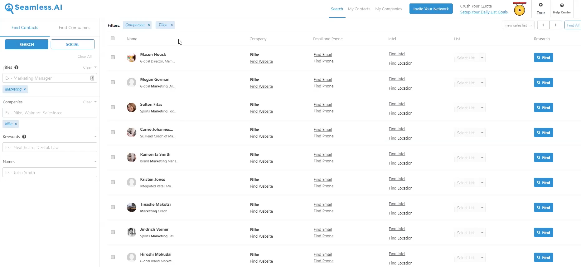 Seamless.AI Software - Seamless.AI filter options