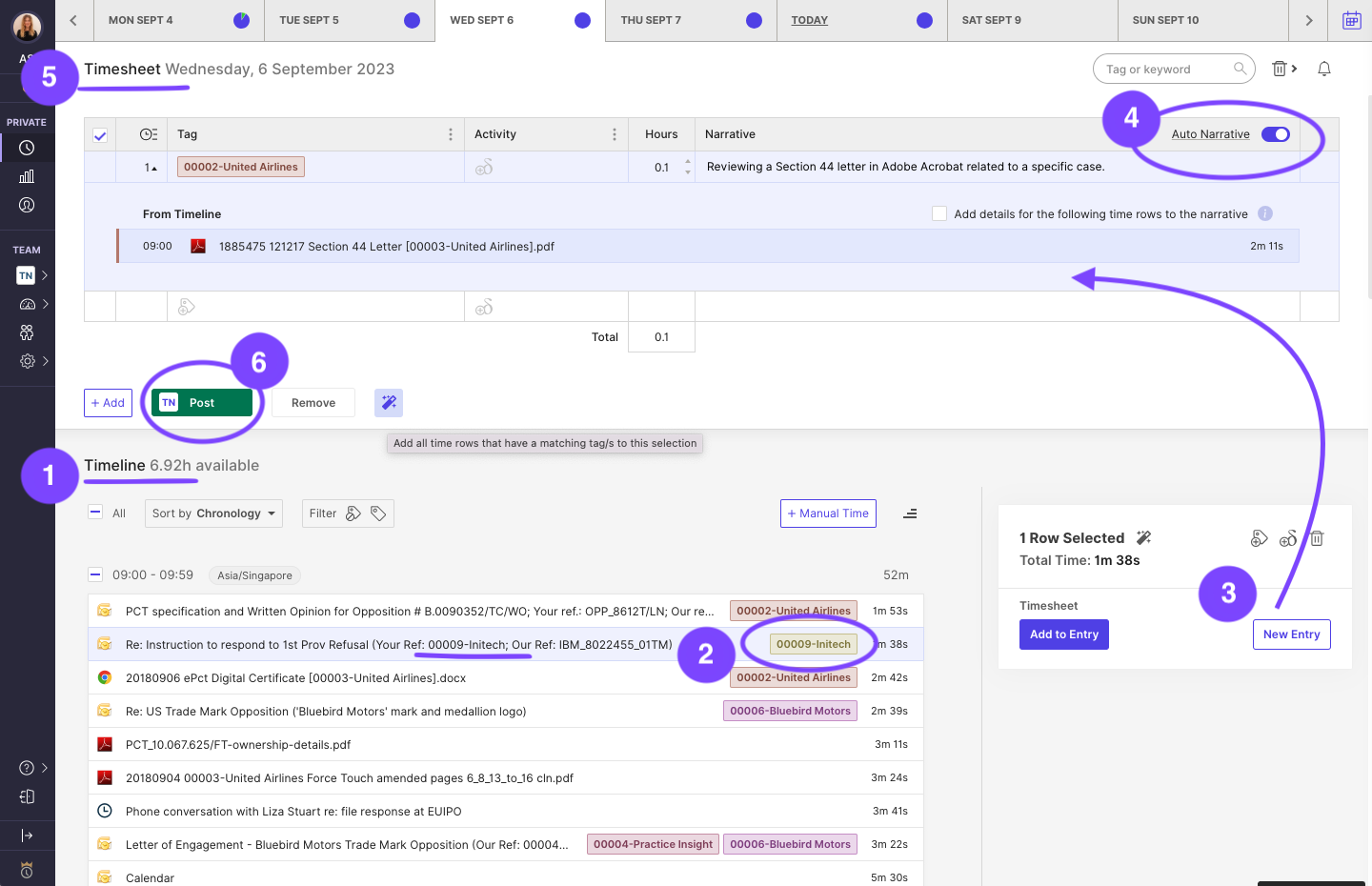 WiseTime screenshot: Account for every minute, without wasting any on timekeeping!
1. Timeline of captured activities
2. Auto-tagged matter IDs
3. Entry creation
4. AI-enabled narrative summary
5. Curated timesheet
6. Post timesheet direct to billing
