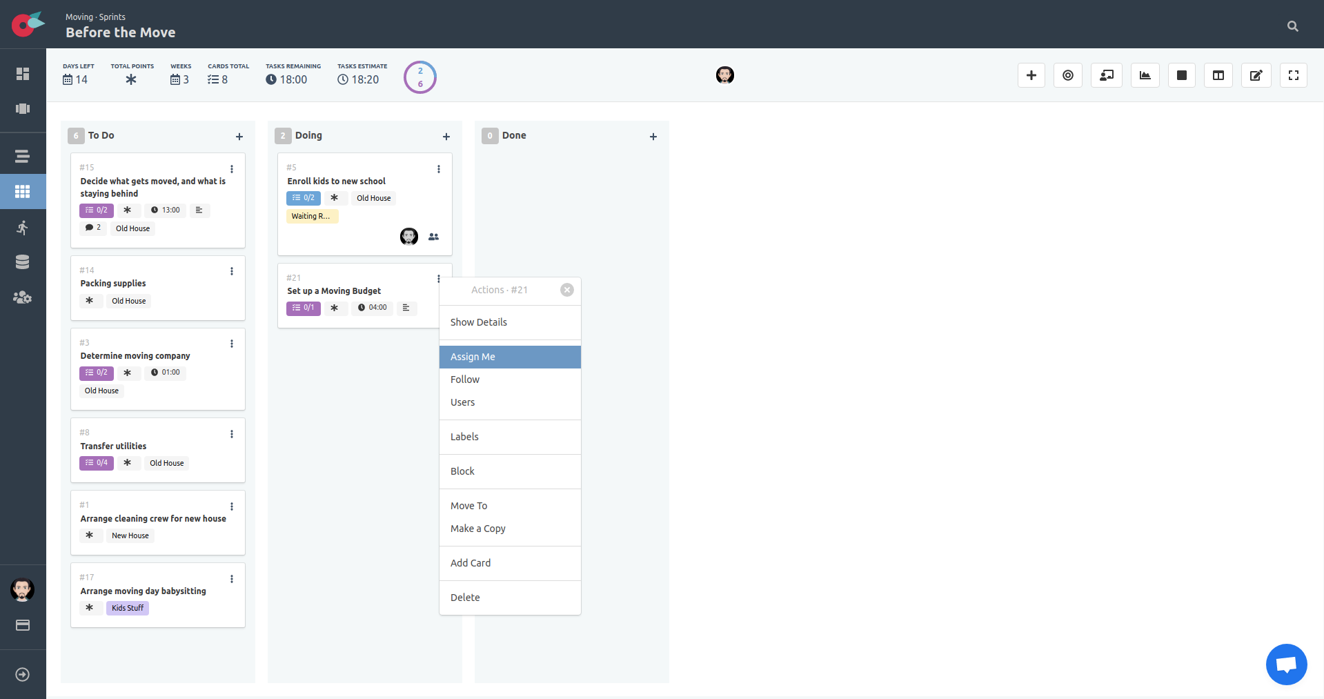 Flying Donut screenshot: Easy edit with inline editing in the kanban board (available in Scrumban and Kanban projects).
