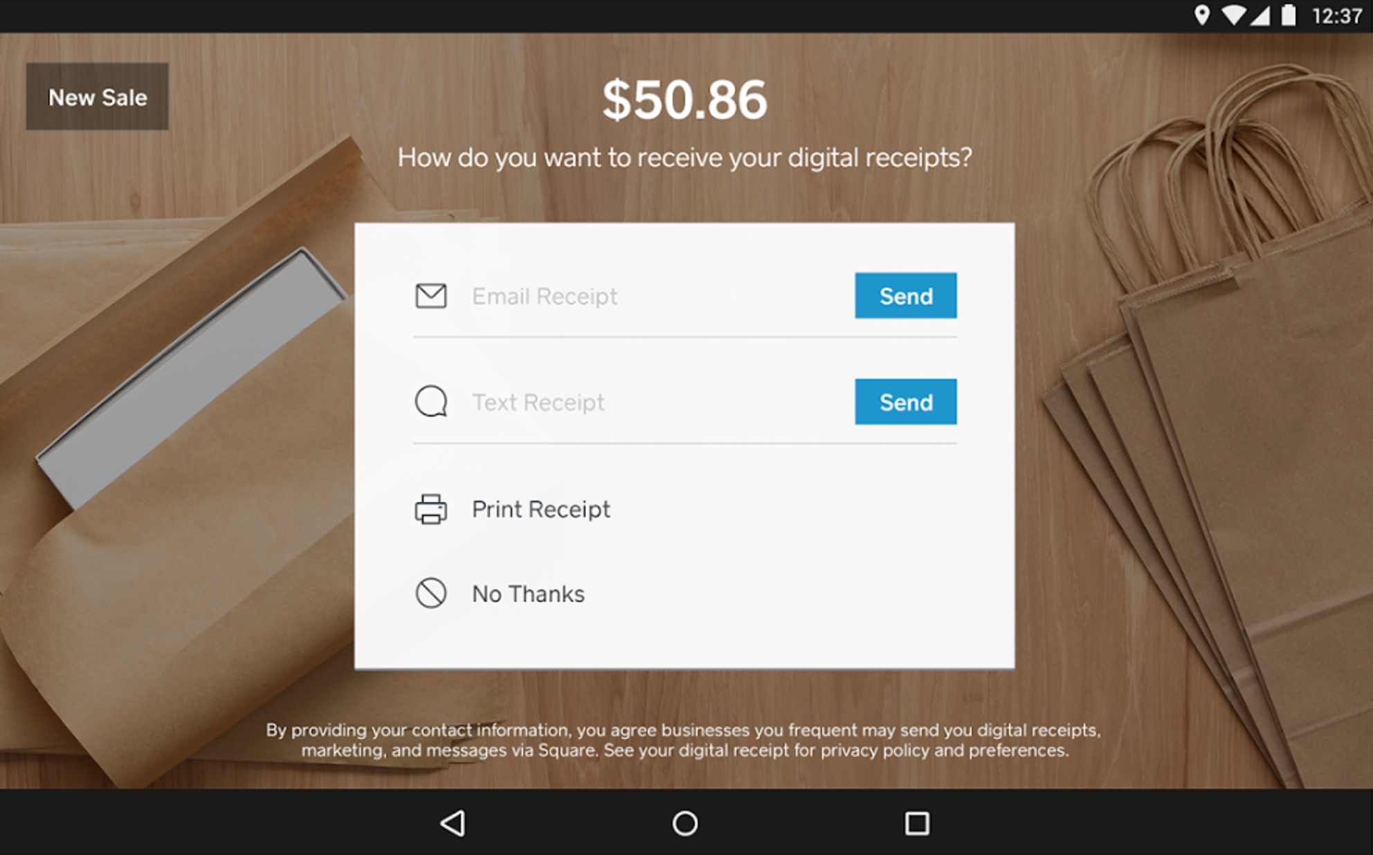 Digital receipts can be sent by SMS or email, and physical receipts can be printed