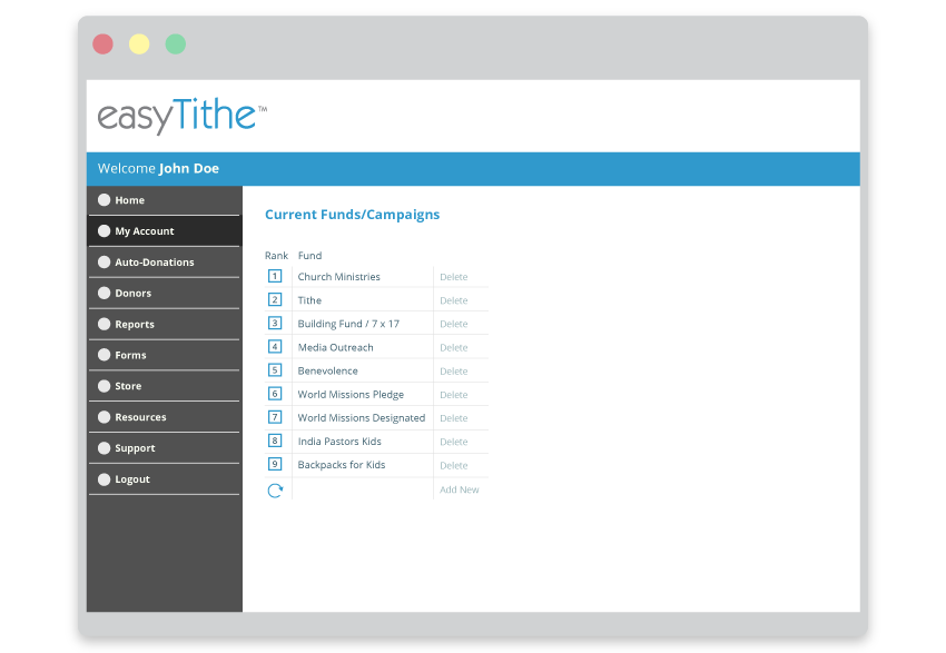 easyTithe personalized user account
