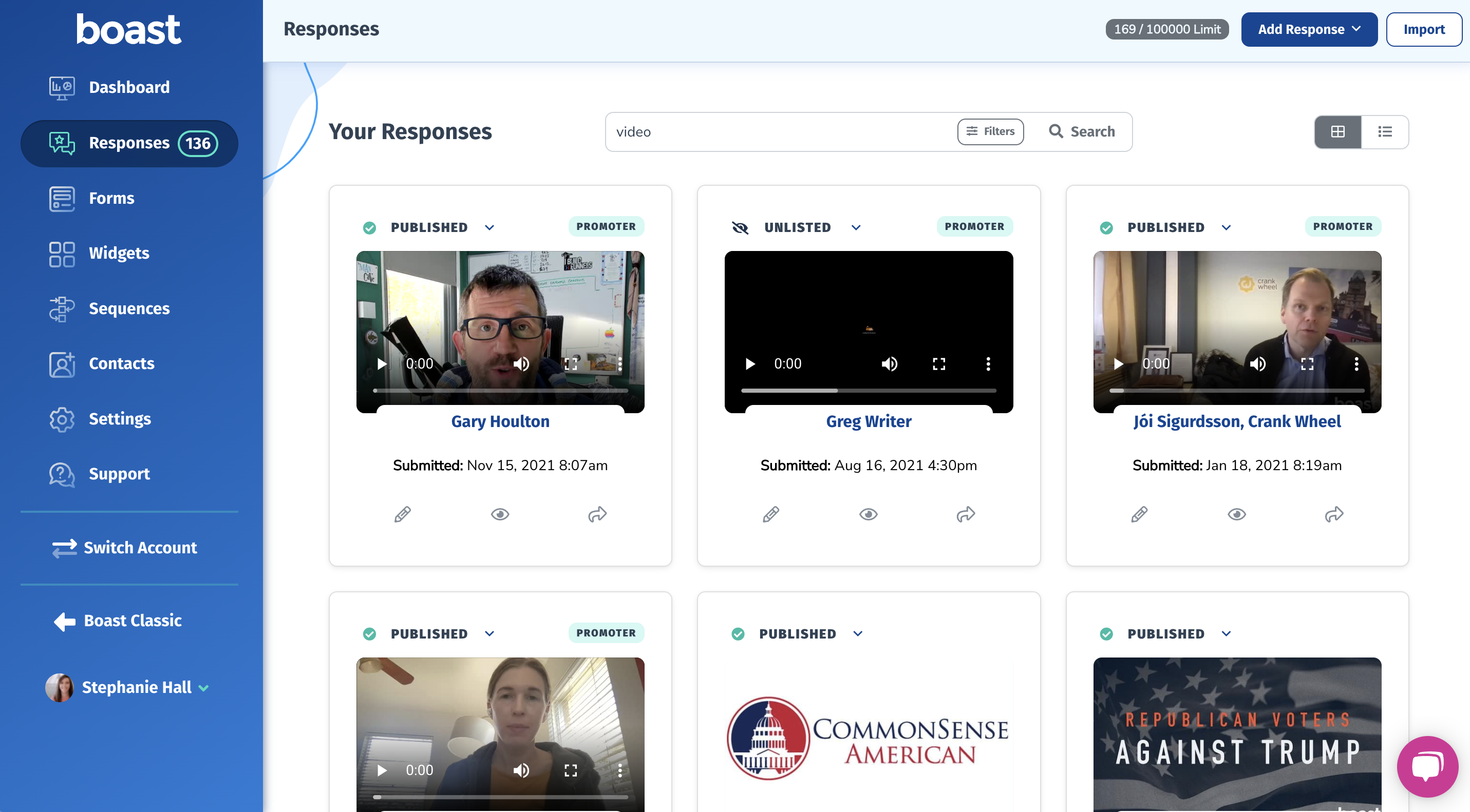 Boast screenshot: Boast video testimonial responses
