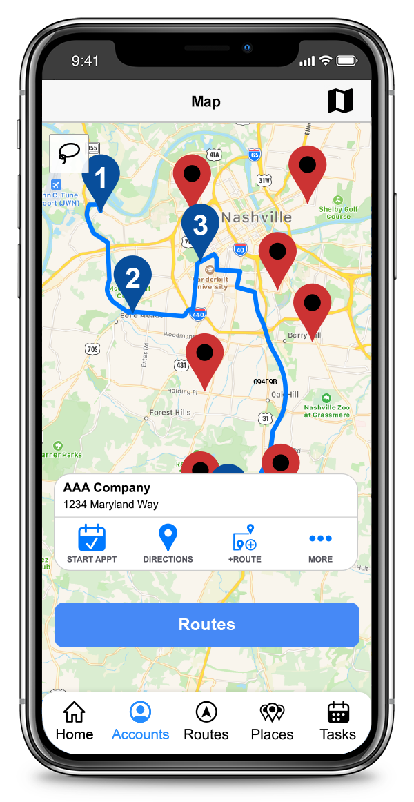View accounts on a map, book appointments, get directions, add to Routes and more
