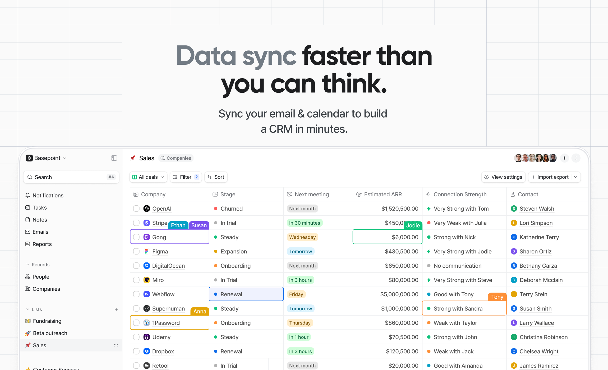 Attio screenshot: Data sync faster than you can think: Sync your email & calendar to build  a CRM in minutes.
