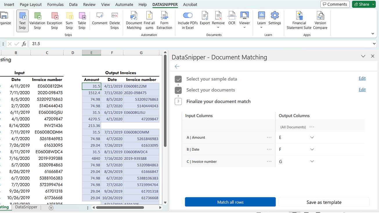 Automatically match Excel data with supporting documents, like invoices, bank statements, and contracts. It will find the correct text, date and/or number in a source document, and then automatically creates a reference to your sample data.