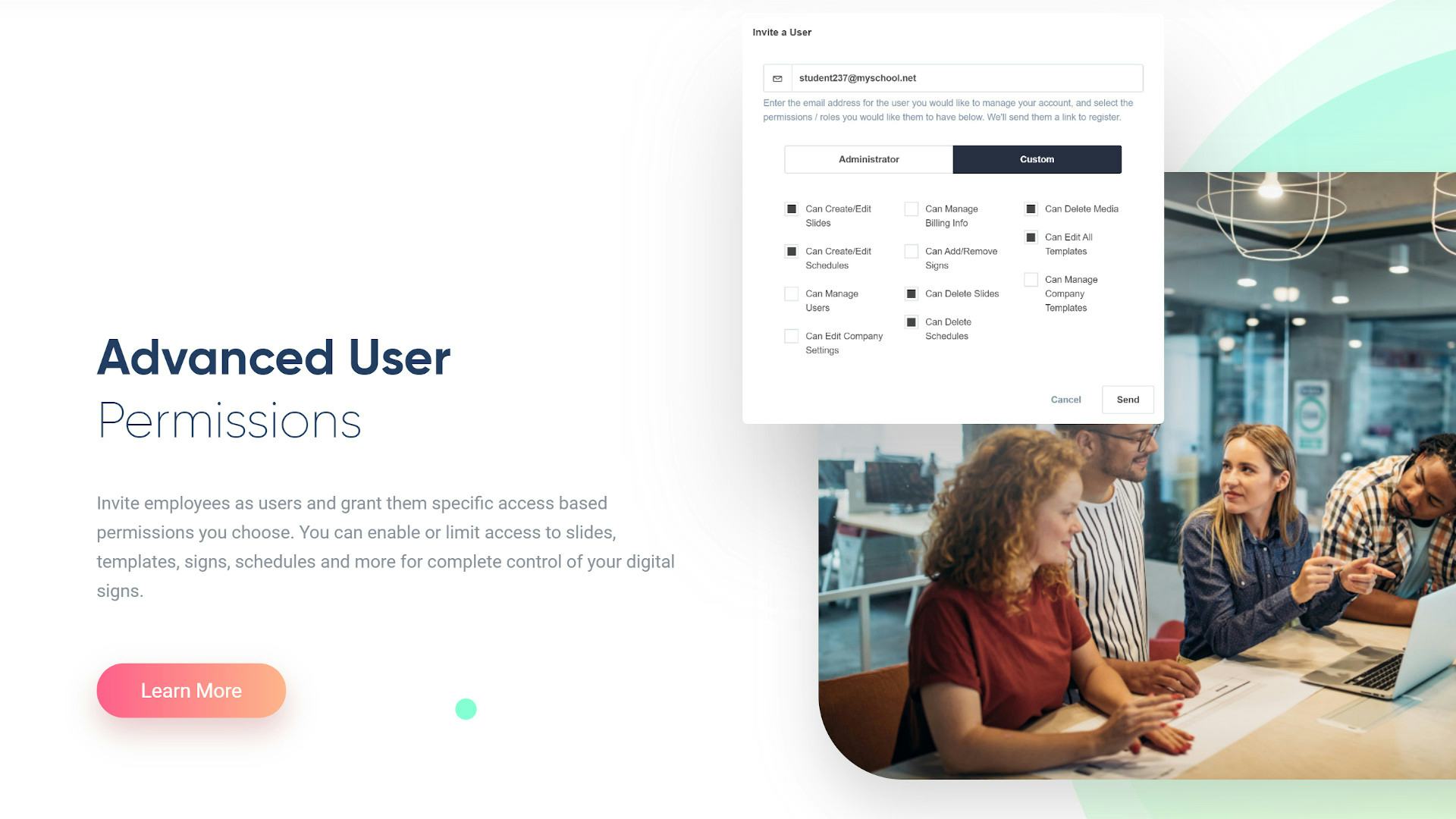 Mango Signs Software - Invite users to your team to manage your content and signs with the ability to specify permissions and roles.