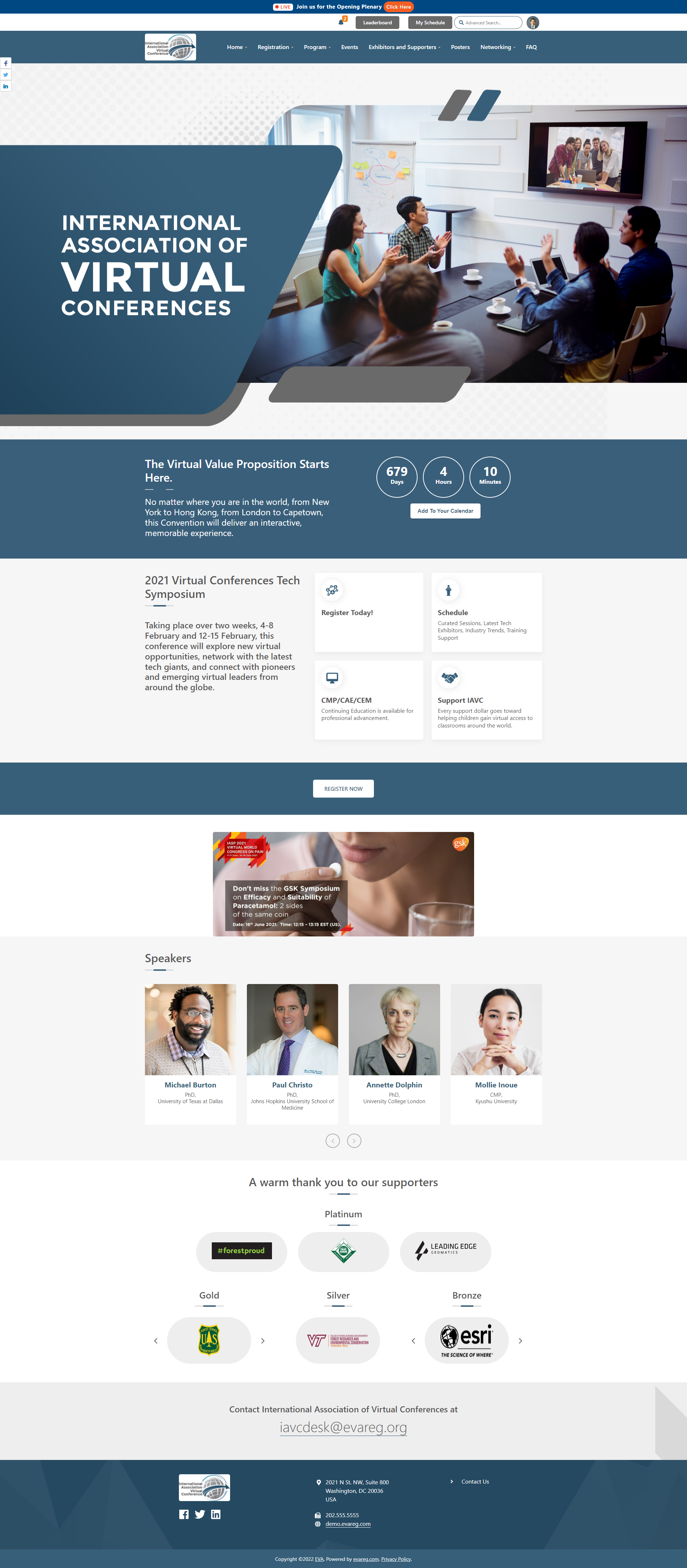 EVA screenshot: Leverage a fully customizable and on-brand virtual conference site that is equipped with attendee engagement tools, sophisticated event data analytics, and more.