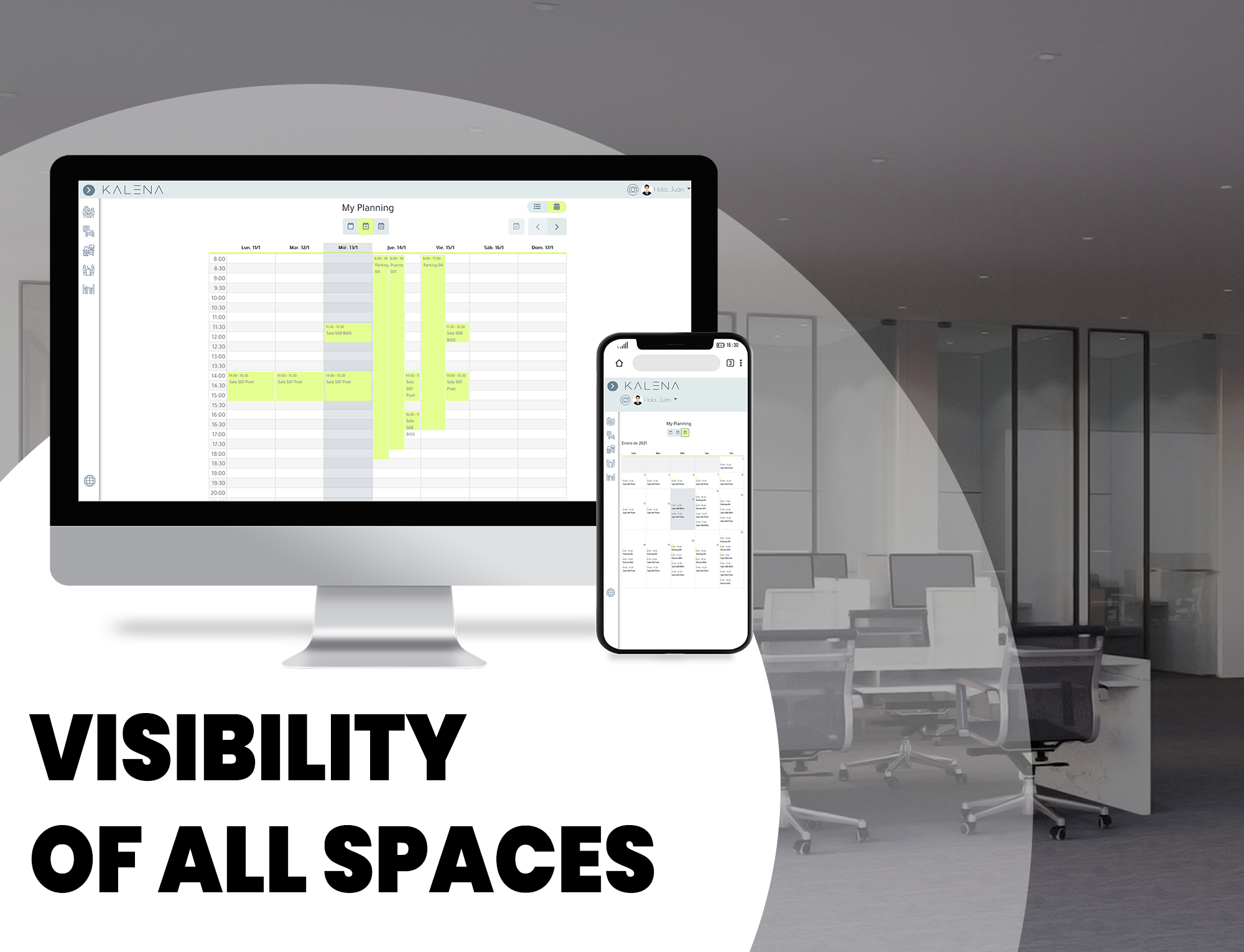 One of the main advantages of Kalena spaces is that you have visibility of all spaces at once, while with other calendar solutions the view is limited to 10 calendars or less.