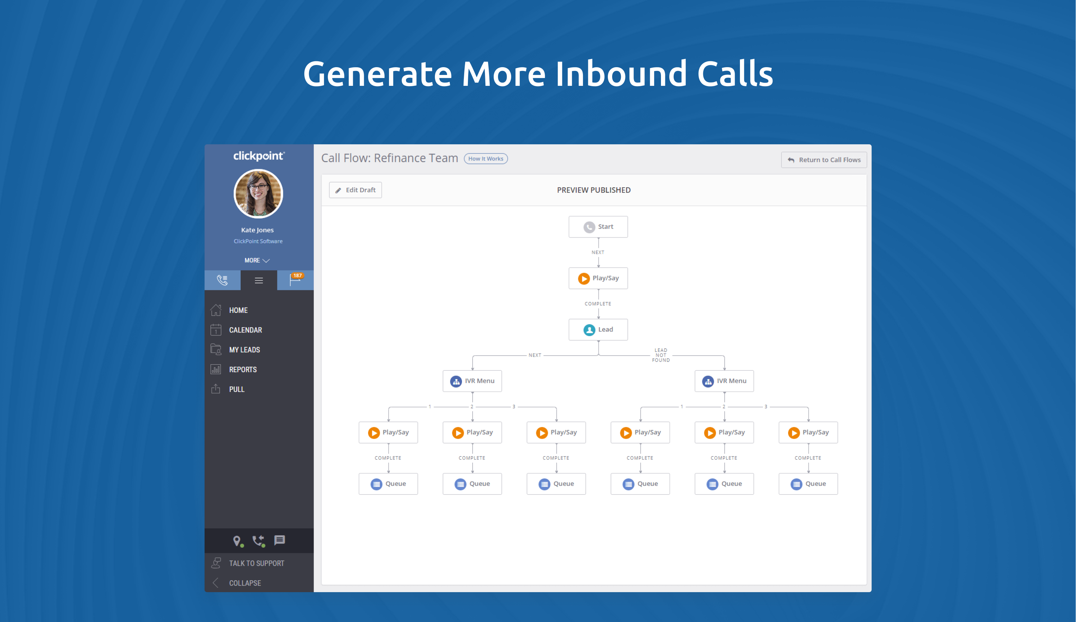 ClickPoint Software - Capture and Route all web leads and phone calls. Route phone calls to teams, queues, or branch locations instantly, and make changes to call flows on the fly. It has never been easier to capture interested prospects looking to speak to your sales team.