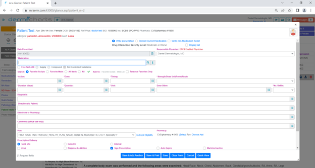 DermCharts screenshot: DermCharts patient prescription