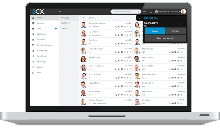 3CX screenshot: See all your team in one unified management console. Avoid unnecessary call transfers or voice mail tags, and make managing and working with remote employees easier than ever.
