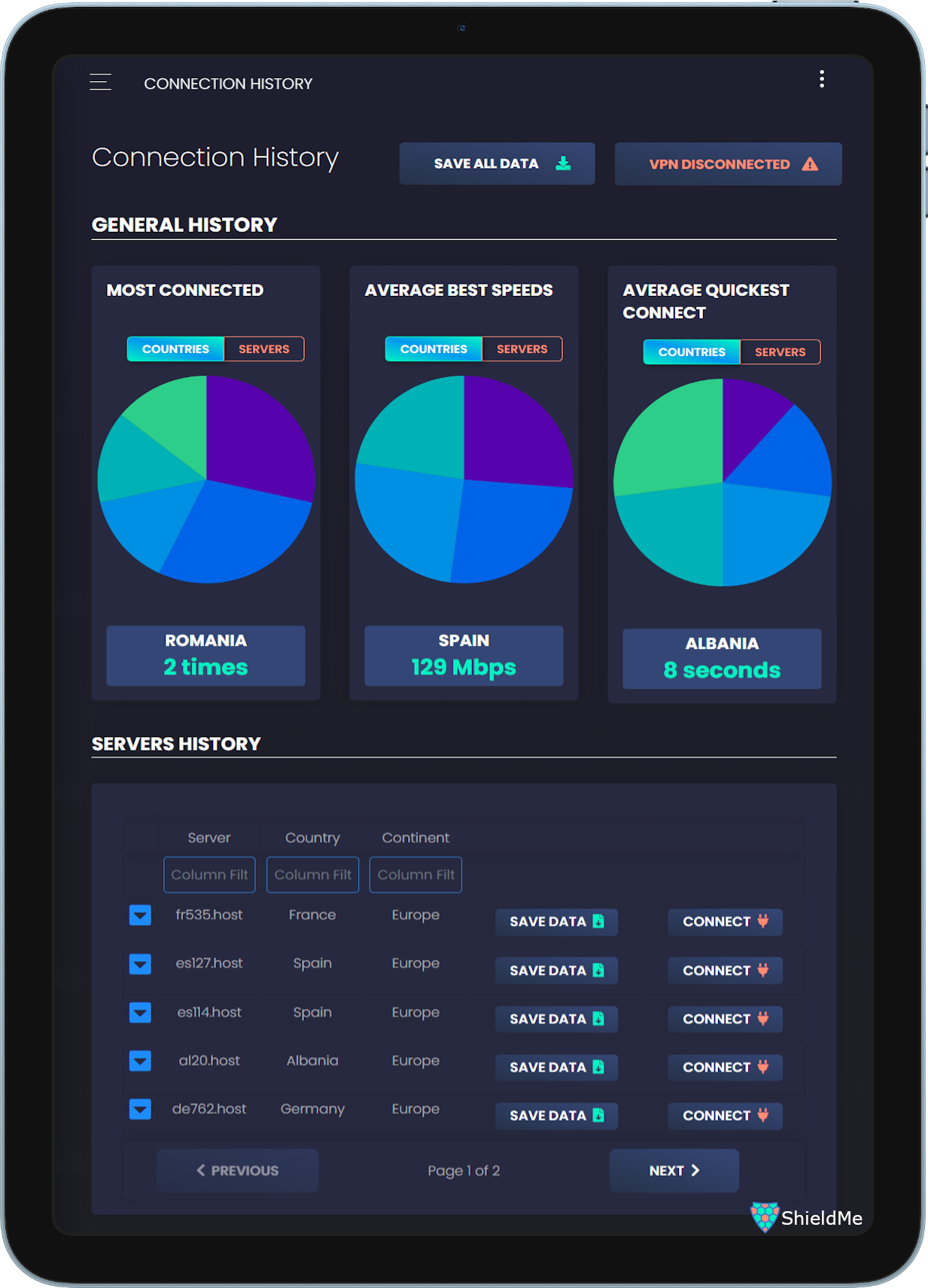 ShieldMe Software - ShieldMe Connection History