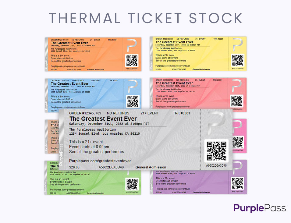 TICKET STOCK - Themal Boca ticket stock available in 9 colors that you can order from us printed or blank or you can print yourself in your box office.