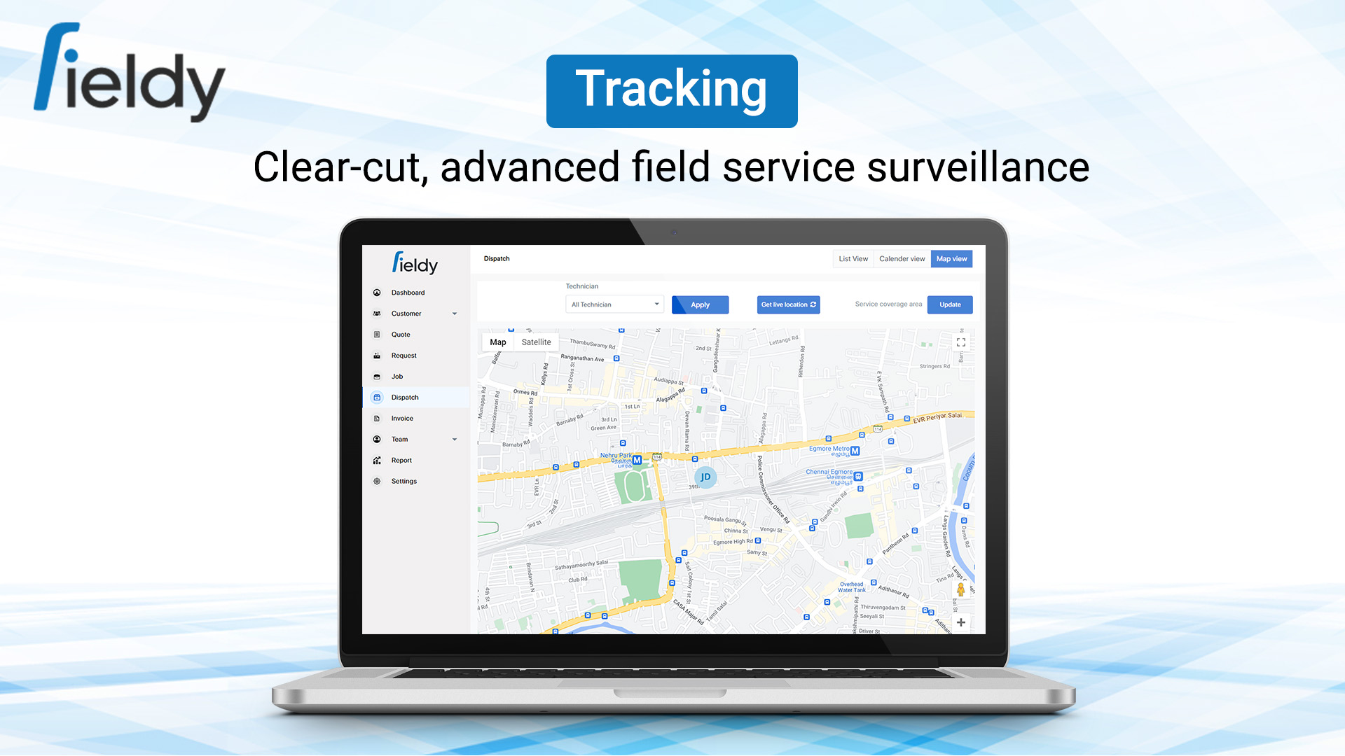 Fieldy: Superior field service tracking. Real-time location updates on an interactive map for efficient team management and deployment.