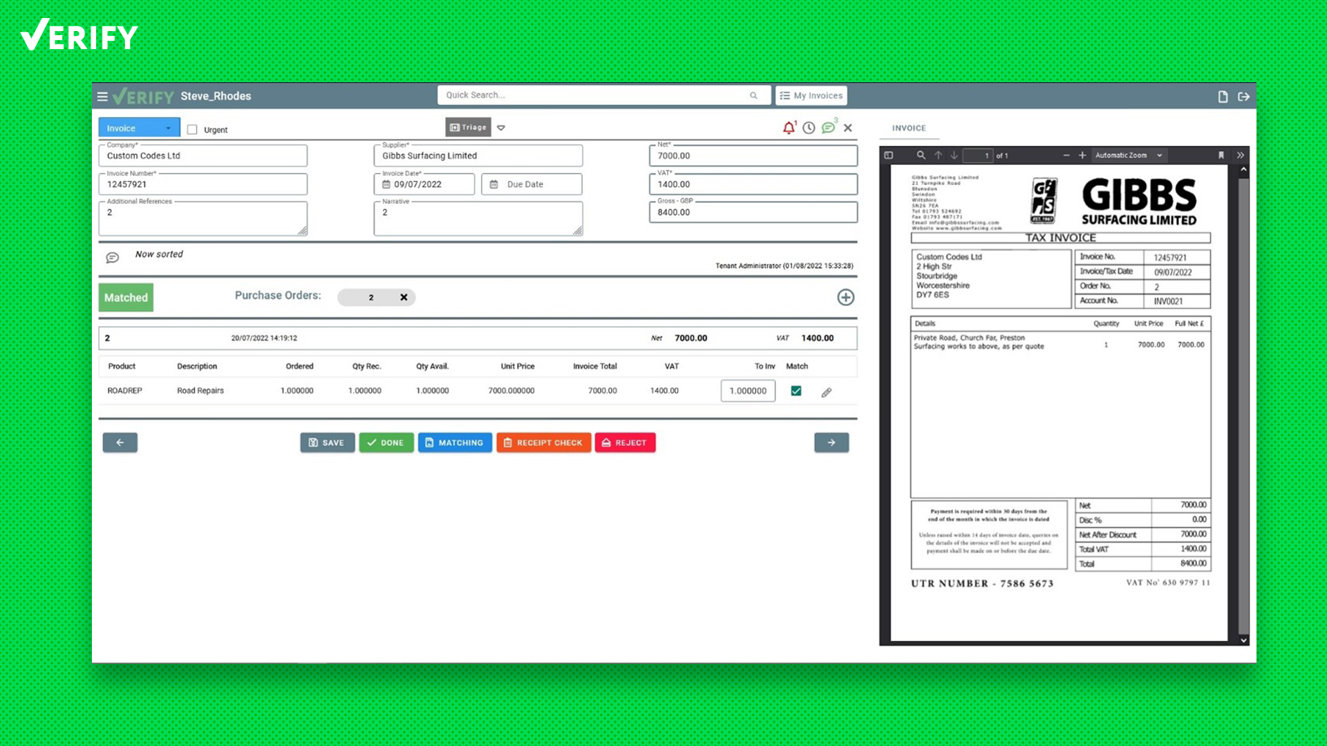 If a Purchase Order is available, Verify automatically matches the invoice to the related PO. It is then automatically posted to your finance system.