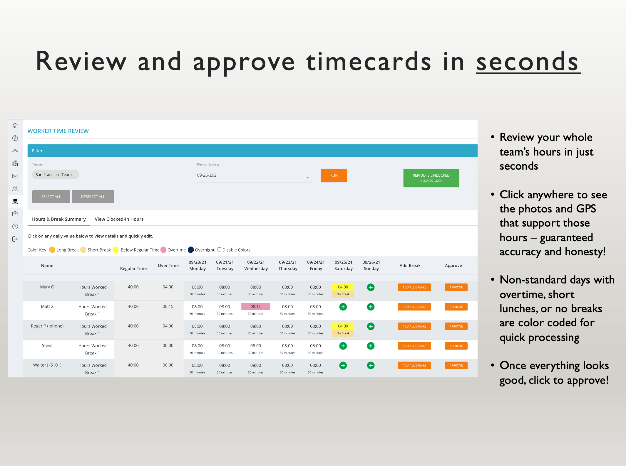 SYNCrew Software - Managers review and approve hours in just a few seconds. Potential issues are highlighted so you can zoom in on anything that may not be as expected