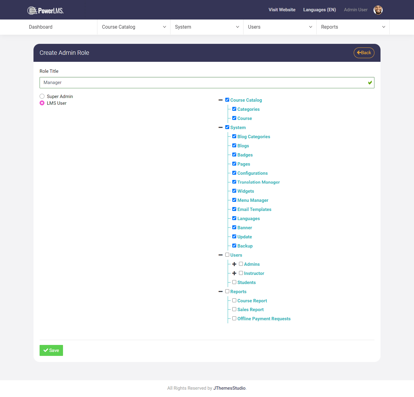 PowerLMS screenshot: PowerLMS admin roles
