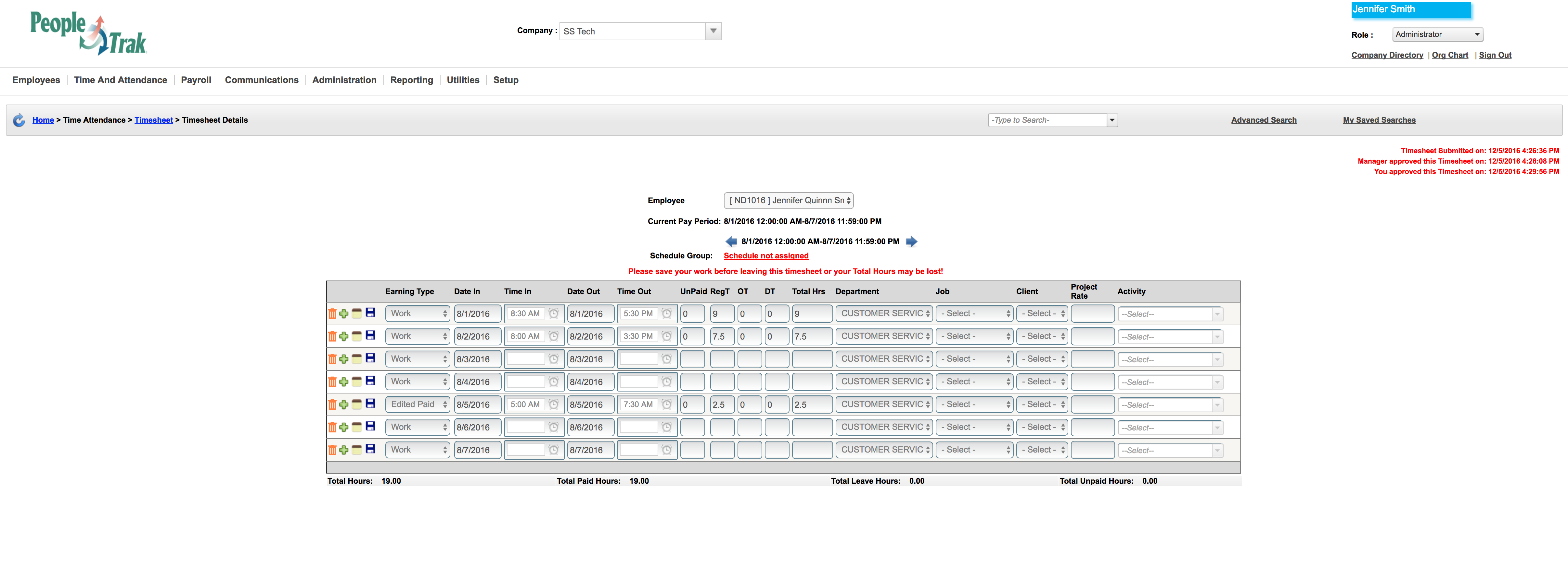 People-Trak HRIS Suite Software - Timesheet