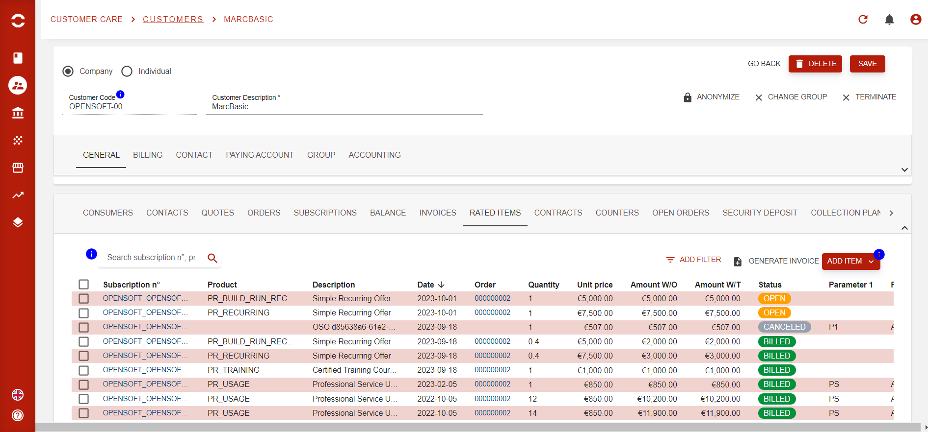 Opencell Software - Customer usages view