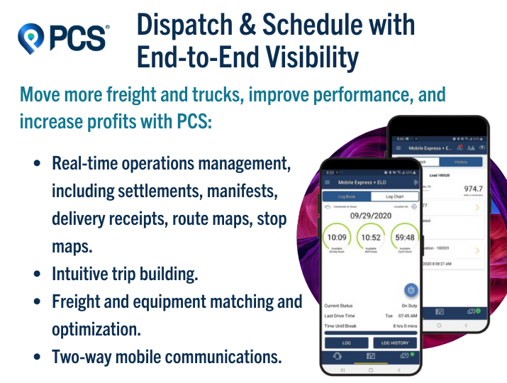Powerful, user-friendly PCS truck dispatch software combines up to the minute visibility and in-app communication and documentation features with cloud-based fleet management, dispatch, and accounting services