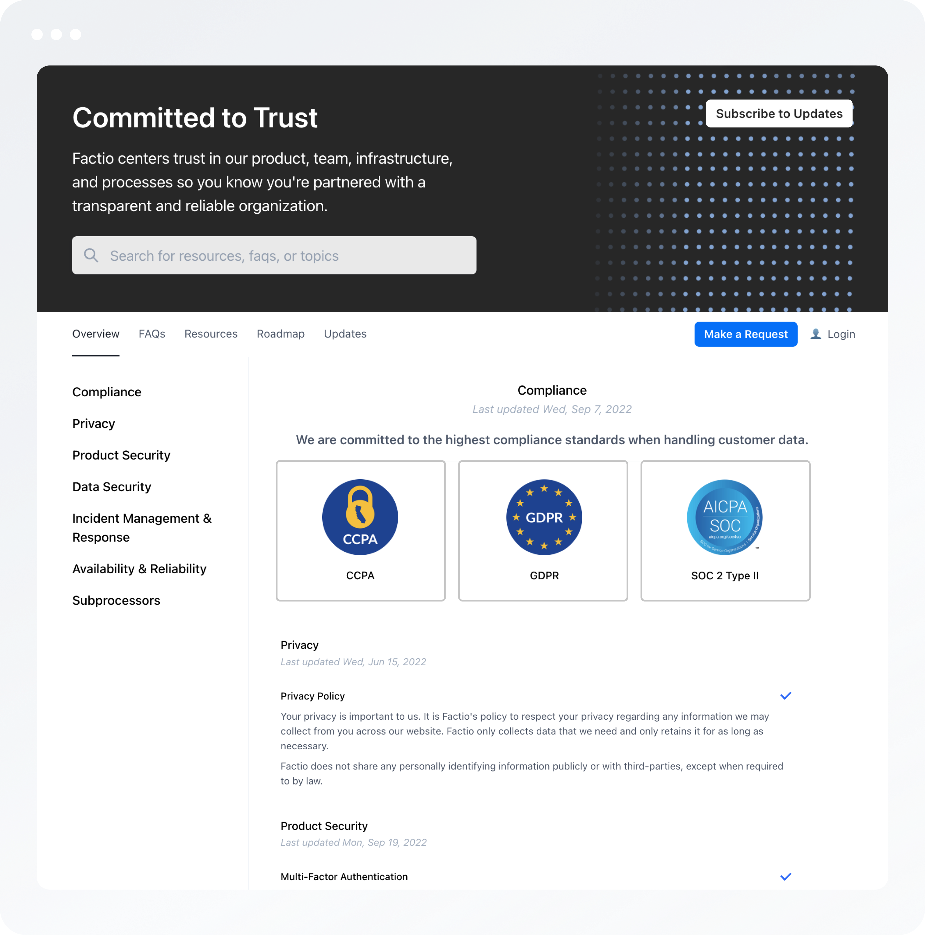 A Trustpage-powered Trust Center displaying a company's security posture.