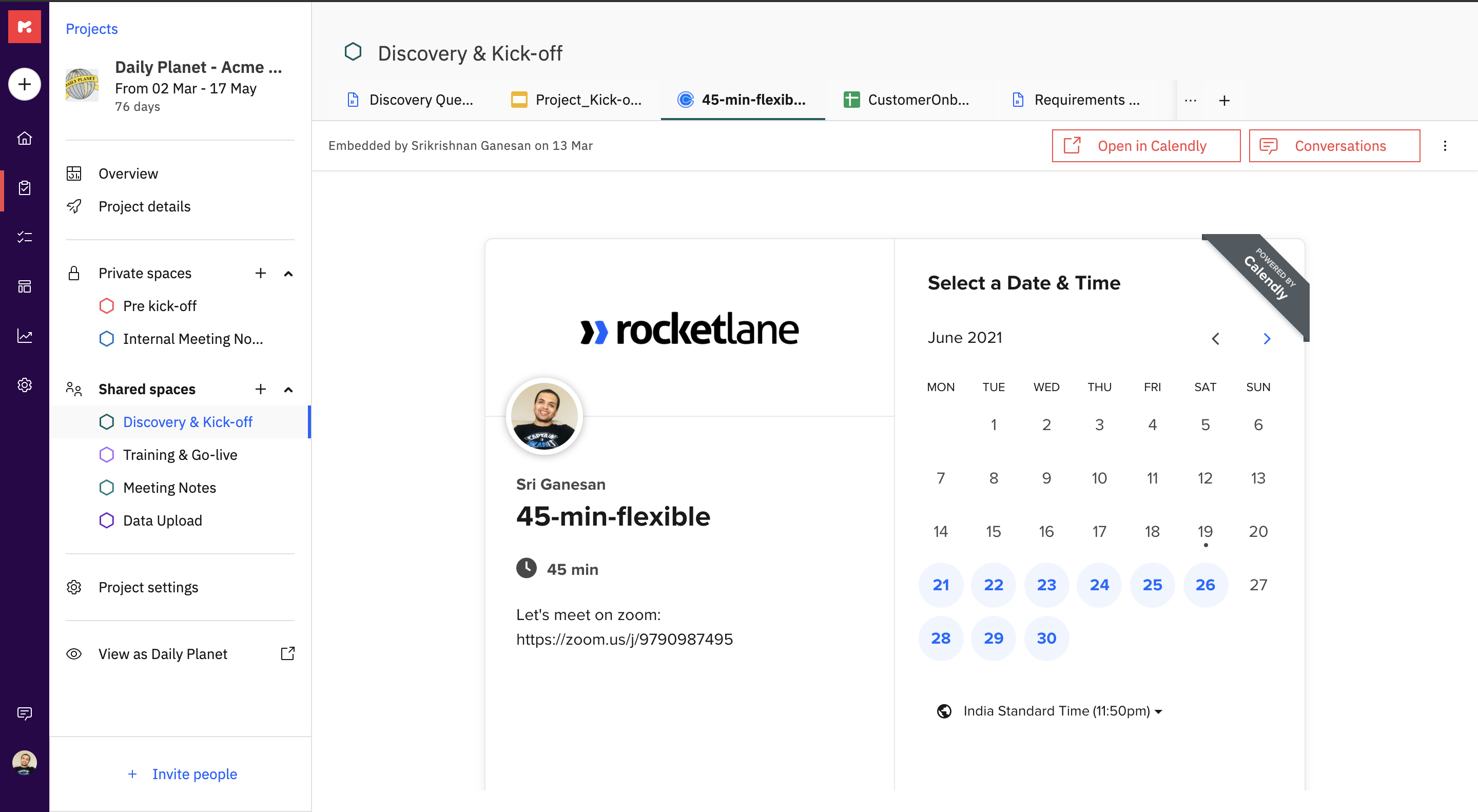 Rocketlane Software - Add templated Rocketlane documents, or embed documents from Gsuite, Figma, calendly, and many other sources, to live collaborate and track work emerging from documents.