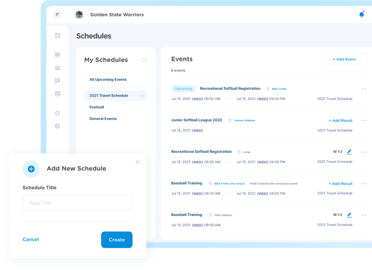 Use our simple scheduling features to post your team schedules & organization events online. You can add documents, images and links to unique event urls.